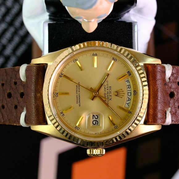 Rolex Day-date 1803 Factory Champagne Dial 18k Yellow Gold Men"s Leather Band - Picture 8 of 9